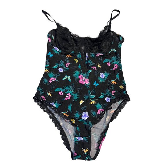 INC Intimates Tropical Floral Lace Trim Black Bodysuit XXL With Adjustable Strap - Picture 1 of 2